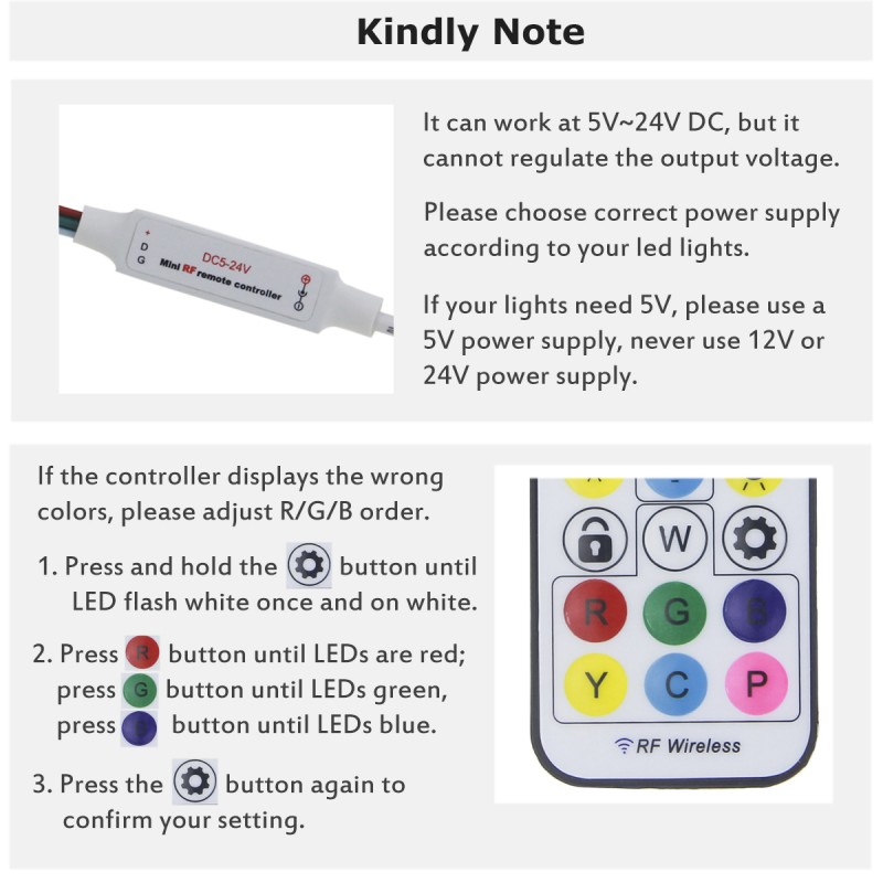 RGBZONE DC5V/12V/24V RF Wireless Remote LED Controller, Addressable Mini  LED Controller for WS2812B WS2811 Dream Color LED Pixel Strip Panel Lights