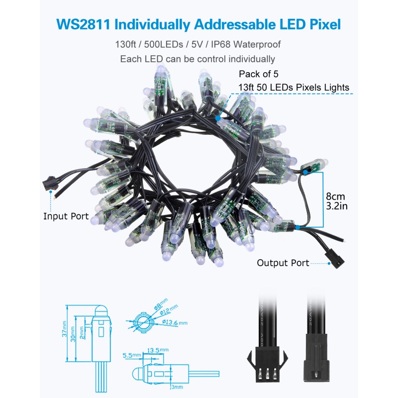 WS2811 DC5V 50nodes Addressable LED Pixel String;IP68;13cm Wire