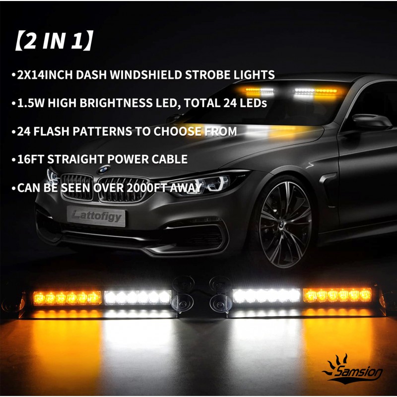 Samsion 2 in 1 Dash Emergency Strobe Lights 2x14 inch 24LED Safety